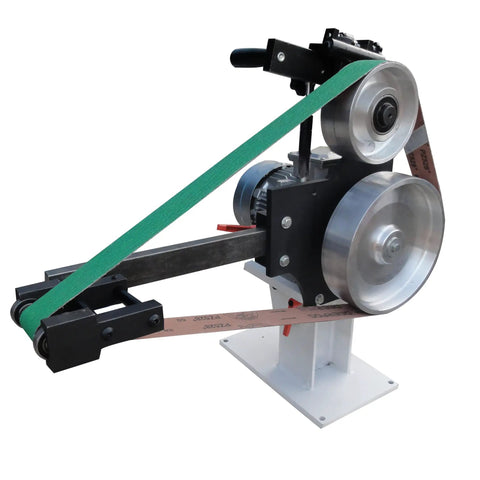 Rock Solid 2 By 71 Inch Variable Speed Belt Grinder With Three Flat And Rubber Grinding Wheels for precise knife sharpening.