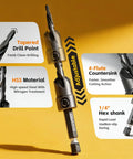 Close-up of tapered drill point and 1/4 inch hex shank from 15 Piece Countersink Drill Bit Set With Magnetic Extension Bit Holder And Wood Plug Cutters For Woodworking, Pro Grade Tapered Bits, One Quarter Inch Hex Shank Quick Change, Includes Storage Box.