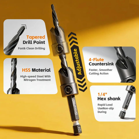 Close-up of tapered drill point and 1/4 inch hex shank from 15 Piece Countersink Drill Bit Set With Magnetic Extension Bit Holder And Wood Plug Cutters For Woodworking, Pro Grade Tapered Bits, One Quarter Inch Hex Shank Quick Change, Includes Storage Box.