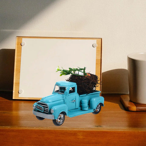 Totally Farmhouse Easter Truck With Eggs Mini Diecast Vintage Pickup Decor on wooden tabletop, 6.56 x 2.95 x 2.59 in
