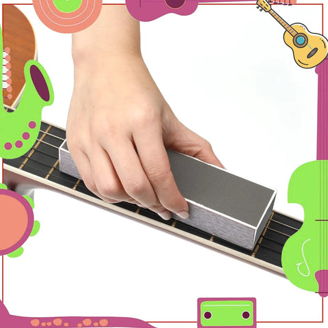 Seventeen Piece Guitar Luthier Tool Kit With Fret Crowning File Rubber Hammer Fret Rocker shown leveling a guitar fretboard