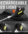 Rechargeable LED light attachment demonstrating larger and concentrated lighting on Intelligent Auto Darkening Welding Helmet With Big View Screen LED Digital Filter True Color Solar Powered Shield For MIG TIG Stick Cutting And Grinding