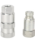 Grab This Beefy Pair Of 1/4 Inch NPT Flat Face Hydraulic Quick Couplers Made Tough Carbon Steel For High Pressure Worksite Rigging Rated 5076 PSI Boss Mode With Dust Caps To Lock And Seal Like A Pro On Any Job Site Grind, silver threaded hydraulic coupler pair