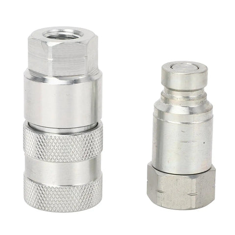 Grab This Beefy Pair Of 1/4 Inch NPT Flat Face Hydraulic Quick Couplers Made Tough Carbon Steel For High Pressure Worksite Rigging Rated 5076 PSI Boss Mode With Dust Caps To Lock And Seal Like A Pro On Any Job Site Grind, silver threaded hydraulic coupler pair