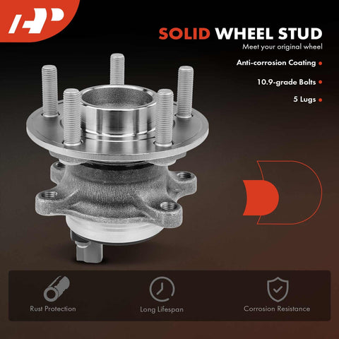 Close-up of rear wheel bearing and hub assembly with ABS for Ford Focus 2012-2018 showing 5 lug design and anti-corrosion coating.