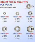 74 Piece Ball Bearing Assortment Kit Featuring Six Essential Sizes For Smooth 3D Printer Assembly, Skate Gear Upgrades, And Home Repairs showing sizes and quantities of ball bearings.