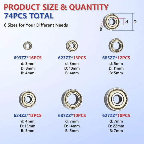 74 Piece Ball Bearing Assortment Kit Featuring Six Essential Sizes For Smooth 3D Printer Assembly, Skate Gear Upgrades, And Home Repairs showing sizes and quantities of ball bearings.
