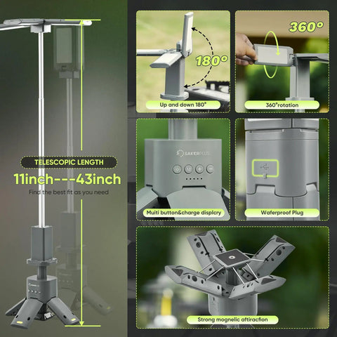 Beefy Portable Camping Light With 14000mAh Battery showing telescopic extension and magnetic base details