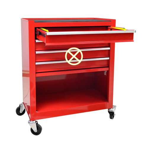 Red 4 Drawer Rolling Tool Cabinet With 4 Wheels And Parking Brakes 24.4 Inch Mobile Tool Chest With Ball Bearing Drawers For Garage Warehouse And Workshop Workhorse Heavy Duty Metal Storage Chest For Tools And Parts. Open top drawer, red metal cabinet on casters