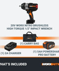 Badass 20V Brushless Cordless Impact Wrench Delivers Sick 1400 Ft Lbs Torque With Intelligent Control And Ergonomic Grip For No Sweat Car Repairs And Tough Weekend Diy Tasks That Move Mountains, including impact wrench, battery, charger, carry bag.