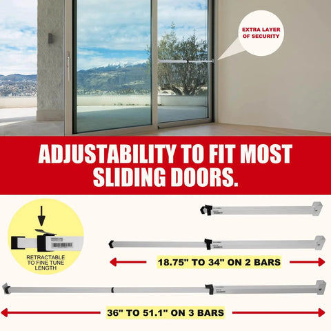Sliding Door Security Bar-Child Proof Sliding Door Lock Bar with Anti Lift Lock shown with adjustable lengths for doors and windows