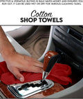 Person using Red Cotton Shop Towels Pack Of 150 14 By 12 Inches Reusable Cleaning Rags For Auto Garage Industrial Restaurant And Home Workhorse Absorbent Non Scratch Lint Free on car interior.