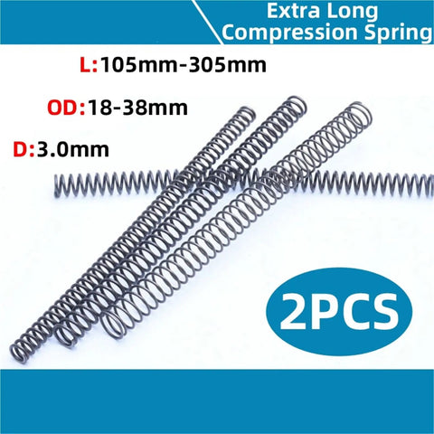 2Pcs Extended Extra Long Pressure Springs Made From Tough 65Mn Spring Steel For Heavy Duty Industrial Use Providing Reliable Compression And Durable Performance In Any Gritty Job Site Or Rigged Setup, sizes 105mm-305mm.