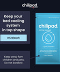 ChiliPad Sleep System Cleaner 1 Ounce Bottle 3 Pack package promoting 0% bleach formula for Cube OOLER Dock Pro systems.