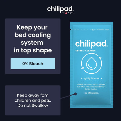ChiliPad Sleep System Cleaner 1 Ounce Bottle 3 Pack package promoting 0% bleach formula for Cube OOLER Dock Pro systems.