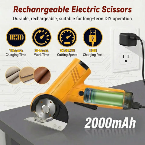 Heavy Duty Cordless Electric Scissors With 3 High Carbon Steel Blades For Cutting Cardboard Boxes Up To Quarter Inch Thick Leather And Carpet Four Speed Settings Led Light Safety Lock Powerful 2000 Mah Battery Rechargeable Tool For Home Business showing USB charging port and cutting mechanism.