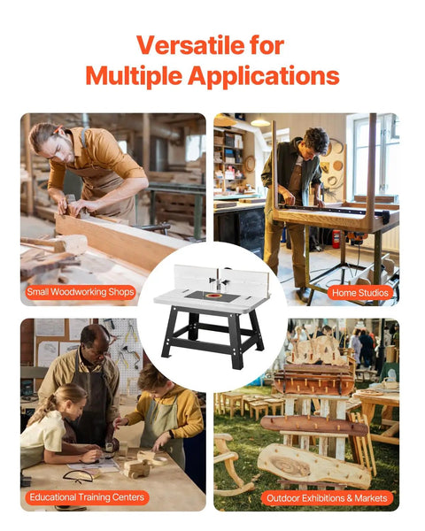 Benchtop Router Table With 24 by 15.7 Inch MDF Top And Adjustable Fence, sturdy metal base in woodworking studio.