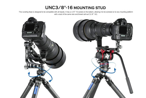75mm Leveling Base For Tripod With Butterfly Lock Collar, 55 lb max load, camera mounted with tilt adjustment shown in use
