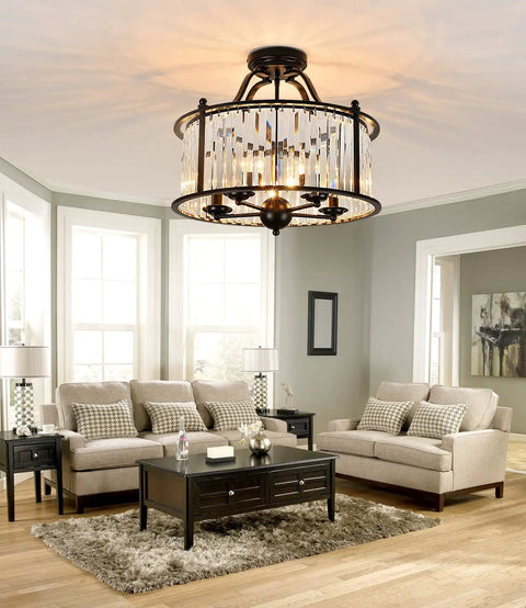 Sleek Black Crystal Chandelier With Five Lights For A Lit Look Semi Flush Mount Ceiling Fixture With K9 Crystals in living room.