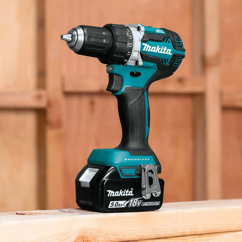 Top Shelf Compact 18V LXT Brushless Cordless Driver Drill Kit With 5Ah Lithium Battery, highlighting handle and battery.