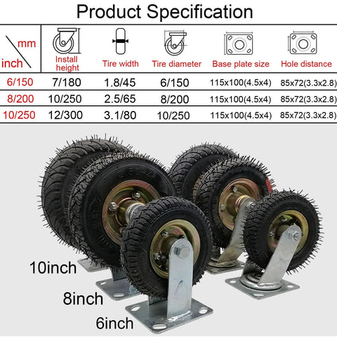 Heavy Duty Pneumatic Swivel Casters Crafted With Solid Steel Mounts And High Speed Ball Bearings, sizes 6, 8, and 10 inches for garage furniture.