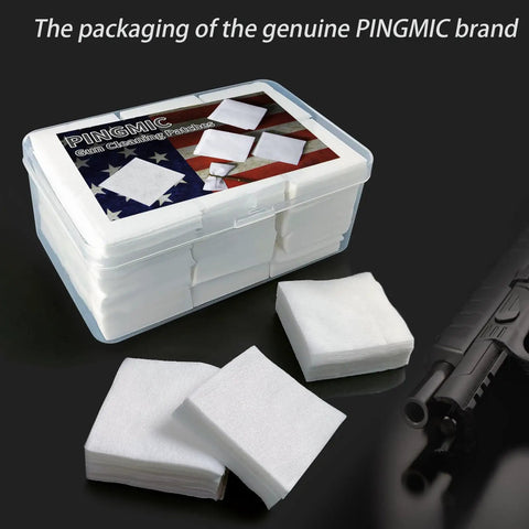 2 Inch Gun Cleaning Patches Box For 22 Caliber To 45 Caliber And Five Five Six And Nine Millimeter Firearms shown with box and patches