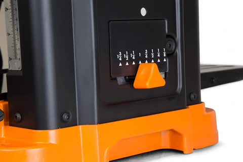 Garage Ready Spiral Benchtop Thickness Planer Boasts 26 Staggered Hss Blades And Quick Set Depth Gauge close-up of depth gauge.