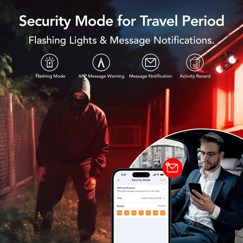Motion Sensor Outdoor Lights With 450 Degree Wide Adjustment in security mode with app notification on smartphone.