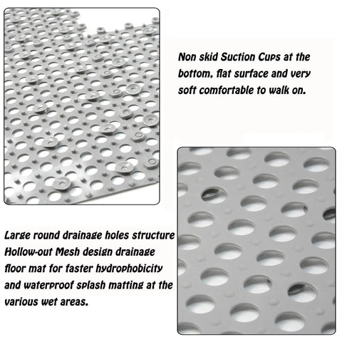 Close-up view of 24 Pack Drainage Floor Mats With Interlocking Cushions, Non Slip PVC Suction Cup Grip, 30x30cm Grey, drainage holes visible.