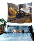 Steam Locomotive Train Tapestry Wall Hanging over bed, aesthetic wall decor art poster for living room or dorm, 60x51 inches.