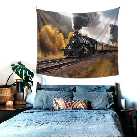 Steam Locomotive Train Tapestry Wall Hanging over bed, aesthetic wall decor art poster for living room or dorm, 60x51 inches.