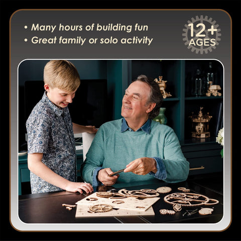 Grandfather and grandson assembling 3D Wooden Gear Clock Kit For Teens And Adults, mechanical clock parts spread on table.