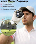 Golfer using Slope Rangefinder For Golf Gear With 1200 Yard Range 7X Magnification Pro Flag Pole Lock Vibration Alert Magnetic Mount And Rechargeable Battery For Fast Under Half Second Readings And Precise Shot Distances.