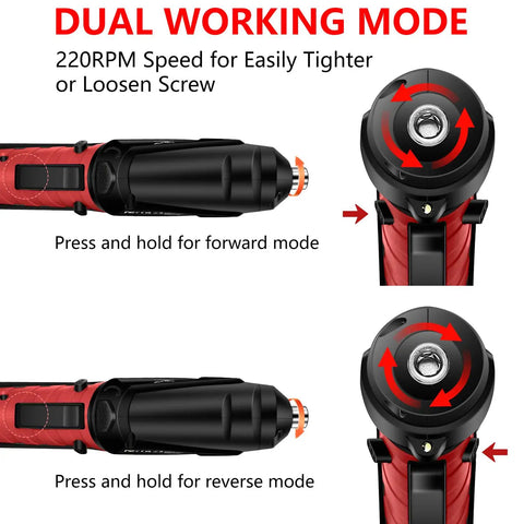 Killer 3.6V Cordless Electric Screwdriver Kit with Mini Drill Bits showing dual working mode for easy screw tightening and loosening.