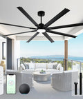 84 Inch Smart Outdoor Ceiling Fan With Light Knockout Industrial Design Eight Anodized Aluminum Blades Quiet DC Motor Serious Airflow Built Tough Weatherproof Slick Black.