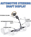 Automotive steering shaft display diagram showing steering column, u-joint couplings, intermediate steering shaft, and rack.