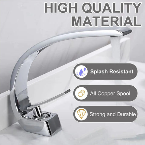 Chrome Bathroom Sink Faucet With Single Handle And Single Hole Install Dope Brass Lavatory Vanity Basin Mixer Tap Includes Supply Hose And Pop Up Drain Assembly 7.8 Inch Spout Modern Spa Style with water flowing