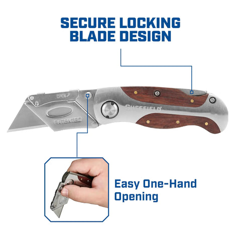 Heavy Duty Hardwood Folding Utility Knife With Foolproof Quick Swap Blades And Grip Tight Lock Back Design for one-hand use.