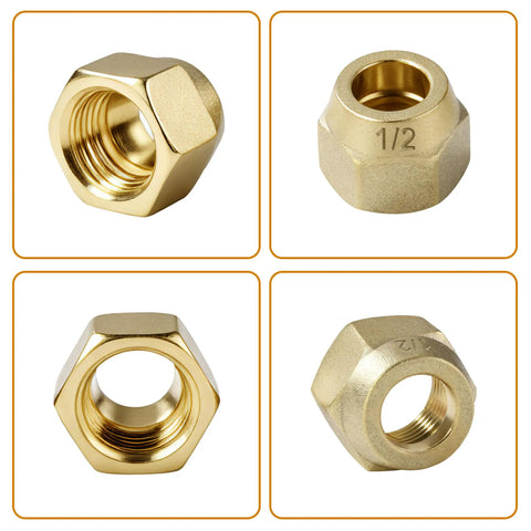 Top Tier Premium Brass Flare Nut Set Three Eighth Size Designed For Fuel Oil And Propane Systems Delivers A Hella Tight And Totally Leak Free Seal On Sae Connections Works Like A Charm Comes In A Solid Five Pack Unit, showing various angles of brass flare nuts.