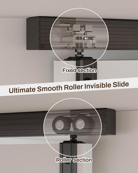 Detailed view of Box Rail Hardware For Bifold Sliding Barn Doors, Ceiling Mount Aluminum Alloy Track Kit showing roller and fixed sections.