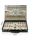 Ultimate 86 Piece Internal External Fastener Threading Tap Die Set With Wrenches And Gauges For Home Service Bolt Hole Renewing Screw Cutting And Rethreading Tools In Sturdy Alloy Steel Box Metric And Sae Sizes Included, open case 370mm