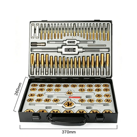Ultimate 86 Piece Internal External Fastener Threading Tap Die Set With Wrenches And Gauges For Home Service Bolt Hole Renewing Screw Cutting And Rethreading Tools In Sturdy Alloy Steel Box Metric And Sae Sizes Included, open case 370mm