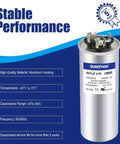 Image of a Dual Run Start Capacitor 45/5 UF 370V/440VAC CBB65B with aluminum housing and detailed specifications.