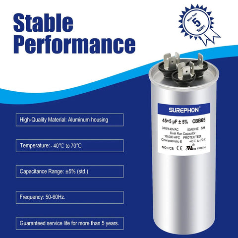 Image of a Dual Run Start Capacitor 45/5 UF 370V/440VAC CBB65B with aluminum housing and detailed specifications.