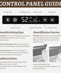 Control panel guide for premium guitar display case with humidification and temperature control settings, steps, and instructions.