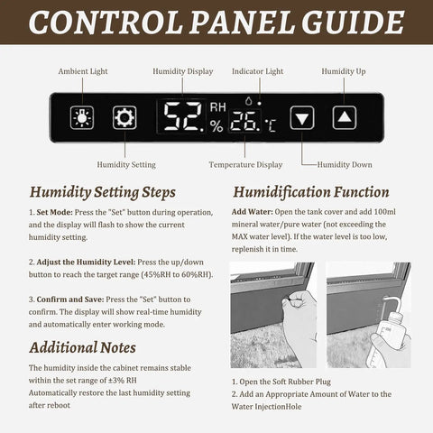 Control panel guide for premium guitar display case with humidification and temperature control settings, steps, and instructions.