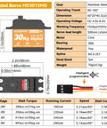 Waterproof 30Kg Torque RC Servo High Torque Steering Servo Motor with Metal Gears, specifications and dimensions.