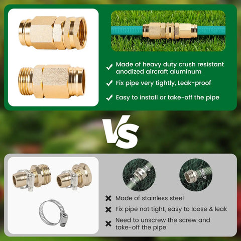 Comparison of two pack five eighth inch garden hose repair connector set with aluminum vs stainless steel fittings for five eighth inch hoses.