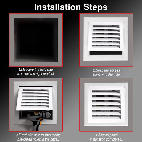 Tough As Nails Aluminum Alloy Access Panel Waterproof Rustproof Utility Door With Clip Lock installation steps shown.