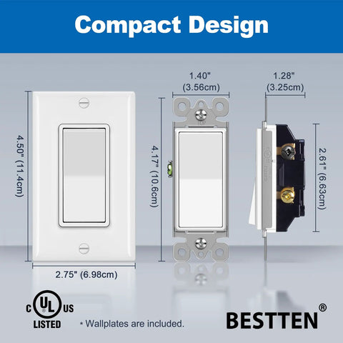 10 Pack 3 Way Decorator Wall Switch With Wall Plate, 15A 120V And 277V, Single Pole Or 3 Way, On Off Paddle Rocker Interrupter, UL Listed, White, Built To Last Durable Polycarbonate Body, Super Easy To Install, Ideal For Home Upgrades, dimensions shown, glossy finish, two views